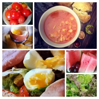 healthy food, salad, egg and bacon salad, soup, watermelon, tomatoes, lettuce, eggs, 