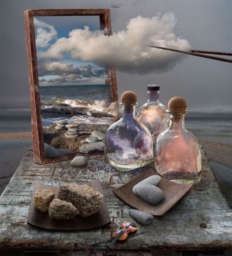 Mikhail Batrak art, the ocean, scene with clouds being extracted from a picture and placed in bottles. Salvador Dali influence maybe.