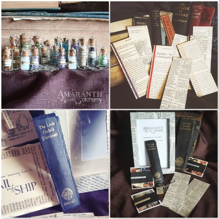 Photograph of gifts by Amaranth Alchemy on Etsy: Potion bottle necklaces, book page bookmarks, book spine bookmarks, tie bars and frames.